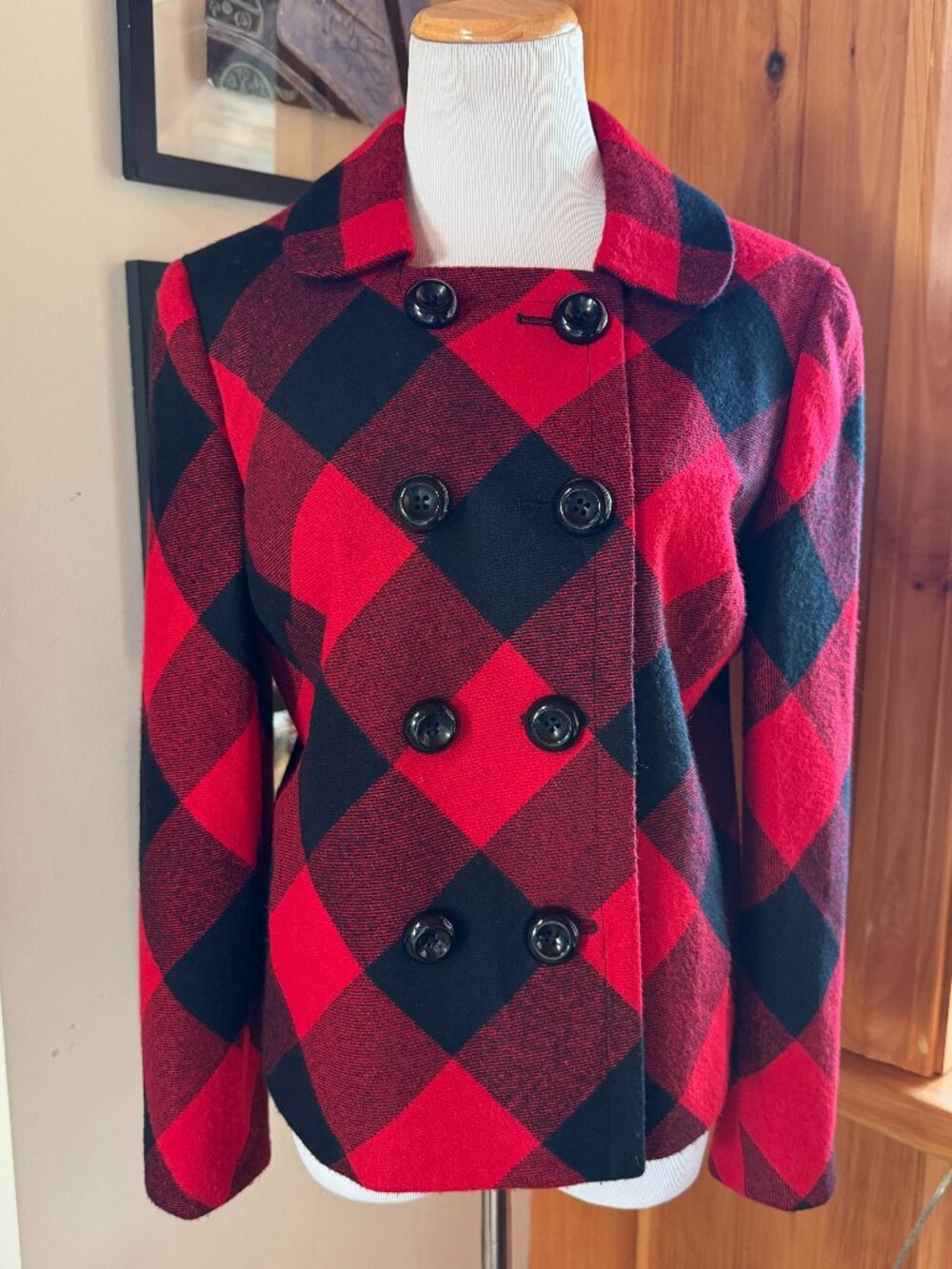 JONES NEW YORK Signature Black Red Buffalo Check Plaid Cropped Coat – 10